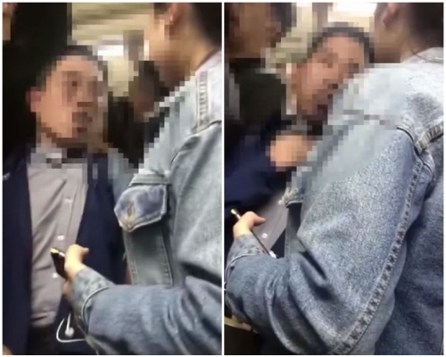 身穿牛仔外套的少女抓住一名男子,連番質問。片段截圖