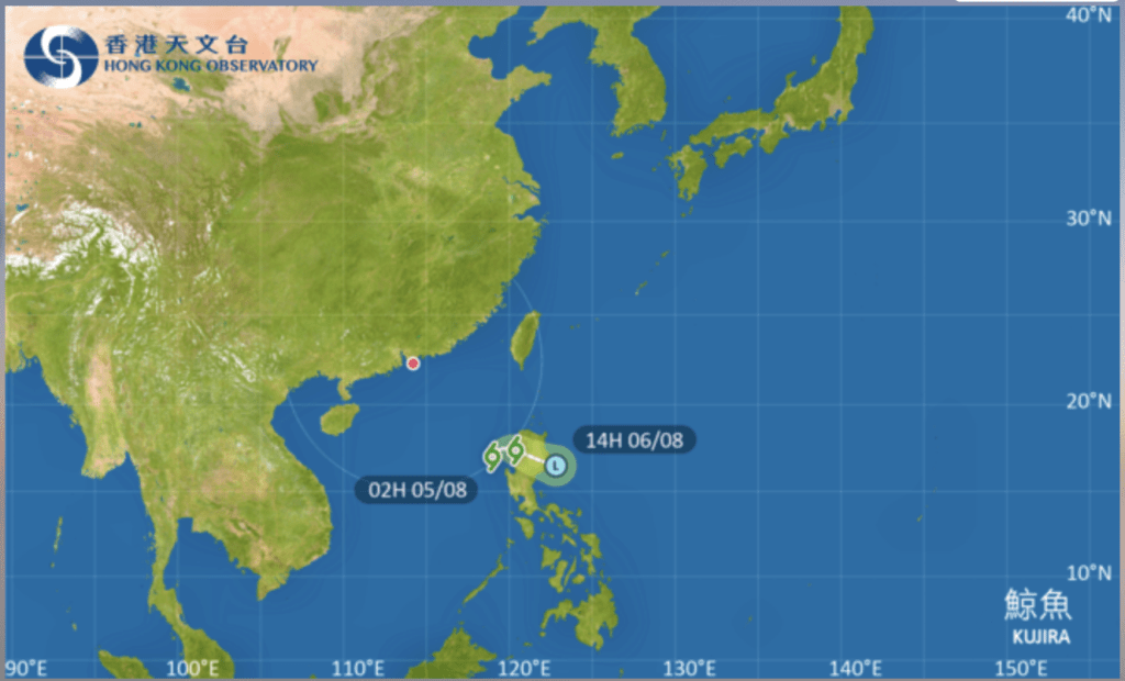 热带风暴鲸鱼会在今日于吕宋附近的南海中部徘徊,与本港保持约700公里或以上的距离 热带风暴鲸鱼会在今日于吕宋附近的南海中部徘徊,与本港保持约700公里或以上的距离