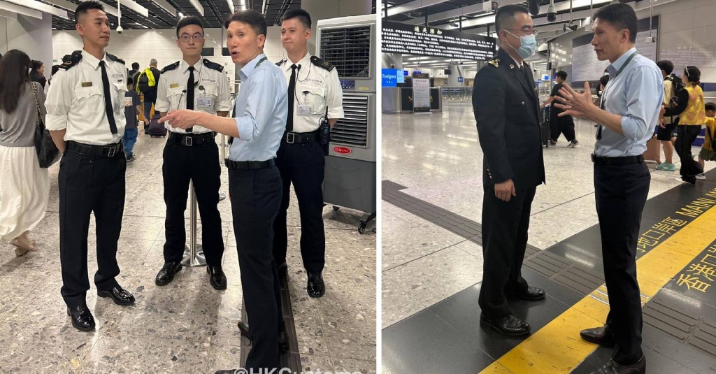海關副關長(管制及執法)胡偉軍視察西九龍高鐵站(左圖),並在口岸中線與內地西九龍站海關關長石子彬見面。海關fb