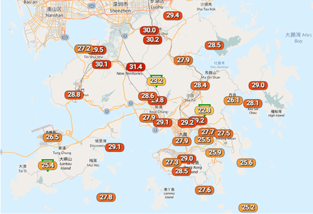 農曆新年除夕，位於尖沙咀的天文台總部錄得最高氣溫27.9°C，新界石崗更錄得31.4°C。天文台圖片