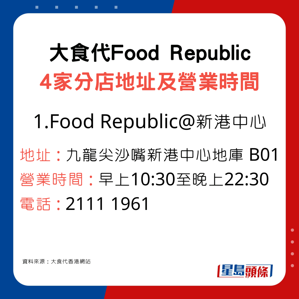 大食代Food Republic尖沙嘴新港中心分店地址及營業時間