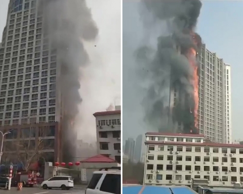 河北石家莊26層辦公大樓突發沖天大火。（網圖）