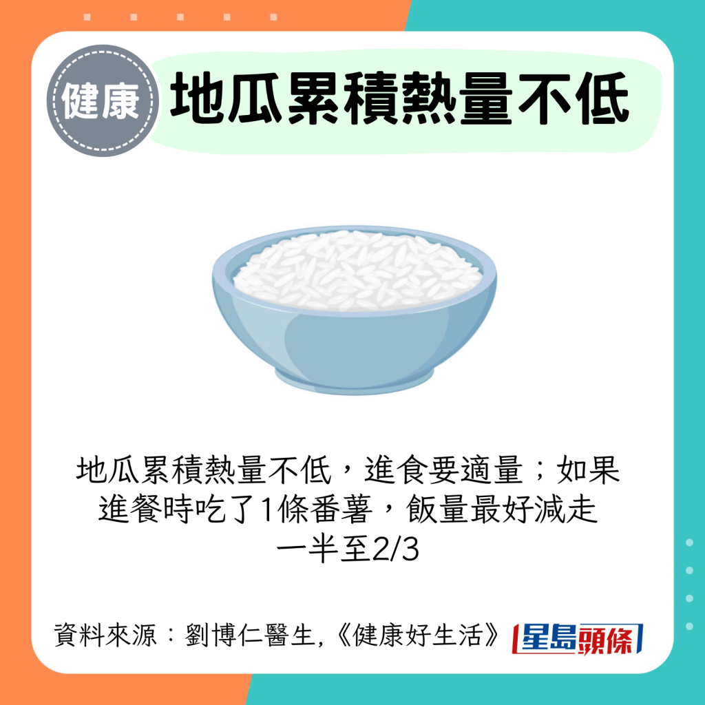地瓜累積熱量不低，進食要適量；如果 進餐時吃了1條番薯，飯量最好減走 一半至2/3
