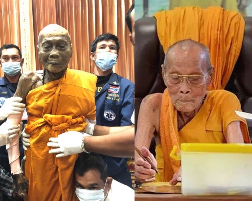 泰國高僧龍婆偏生前照片（右），偏圓寂2個月後，屍體並沒有腐爛（左）。（網圖）