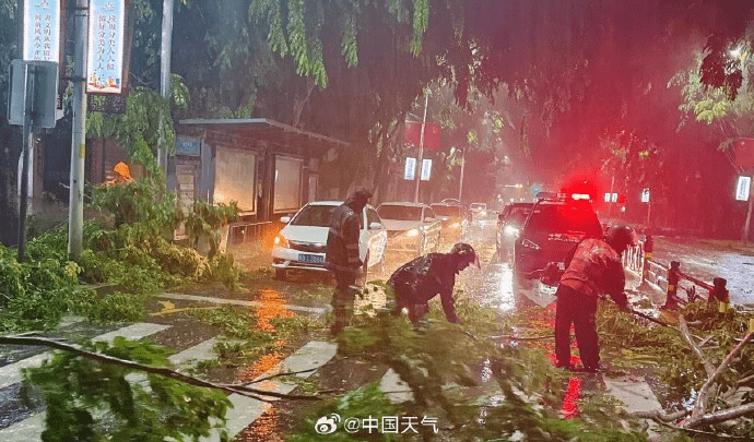 颱風「蝴蝶」過境海南昌江,城區樹木倒伏,交警城管連夜清障。 中國天氣 颱風「蝴蝶」過境海南昌江,城區樹木倒伏,交警城管連夜清障。 中國天氣
