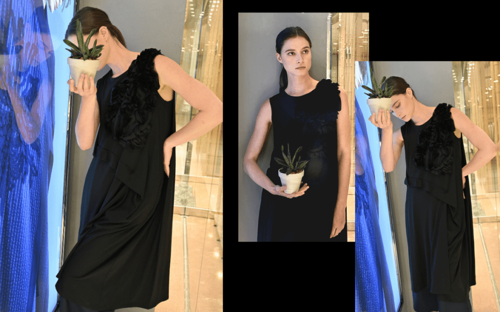 出自Atsuro Tayama筆下的黑魅美學設計，可不遜色於師傅山本耀司。黑色立體縐褶花飾無袖連身裙/$3,295、黑色束繩闊褲/$3,295。
