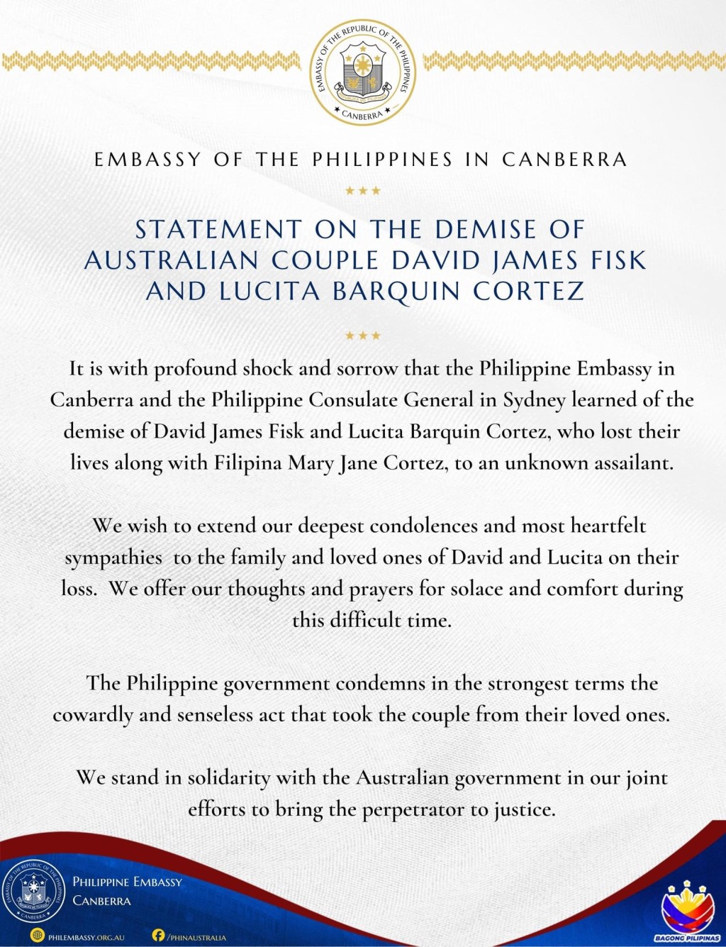 菲律賓駐坎培拉大使館發聲明致哀。