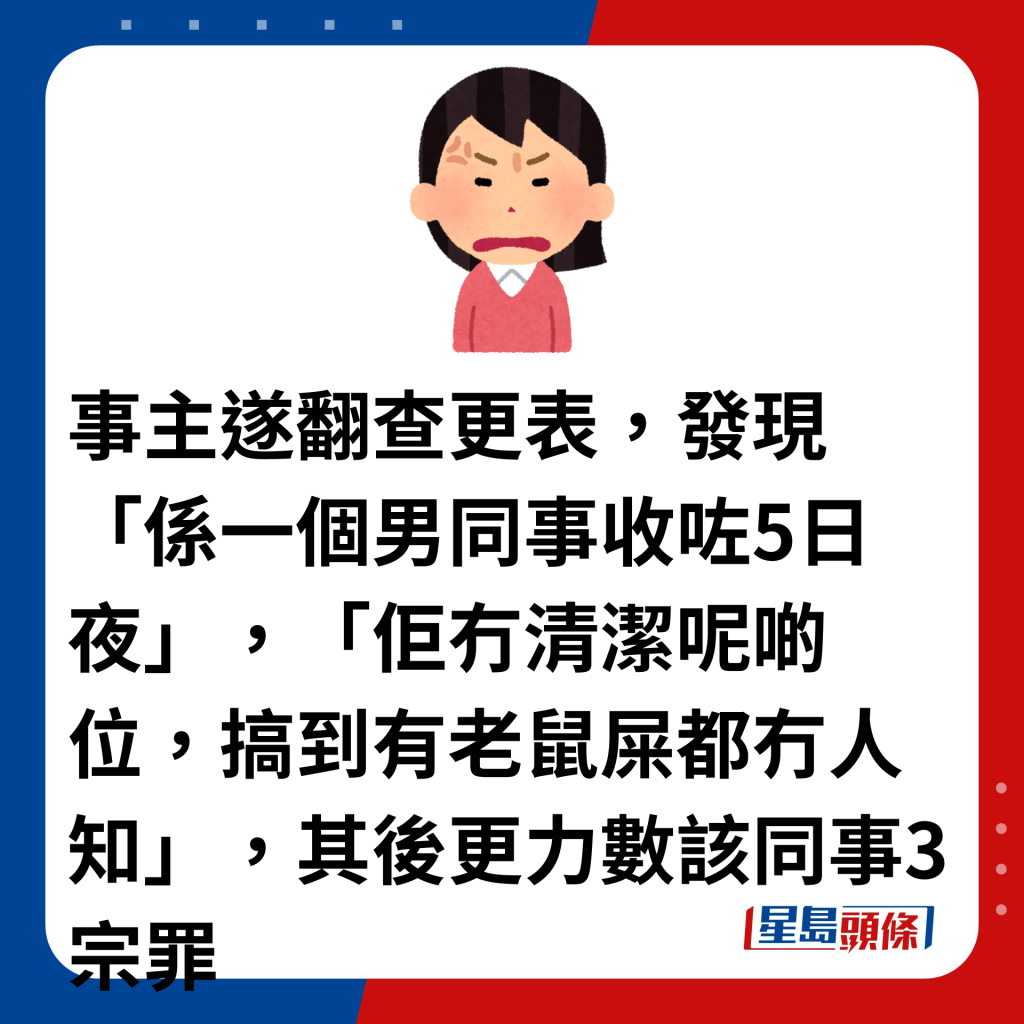 事主遂翻查更表，发现「系一个男同事收咗5日夜」，「佢冇清洁呢啲位，搞到有老鼠屎都冇人知」，其后更力数该同事3宗罪