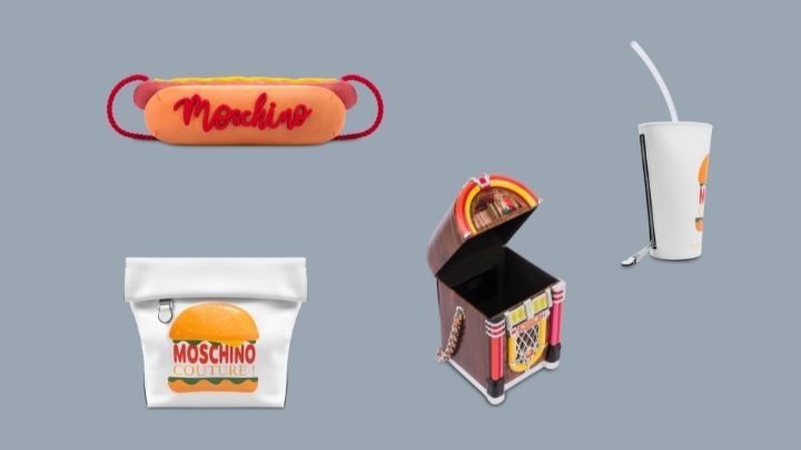 熱狗造型手袋/$8,000、外賣造型手袋/$6,900、點唱機造型手袋/$26,000、飲品造型手提袋/$4,600。 