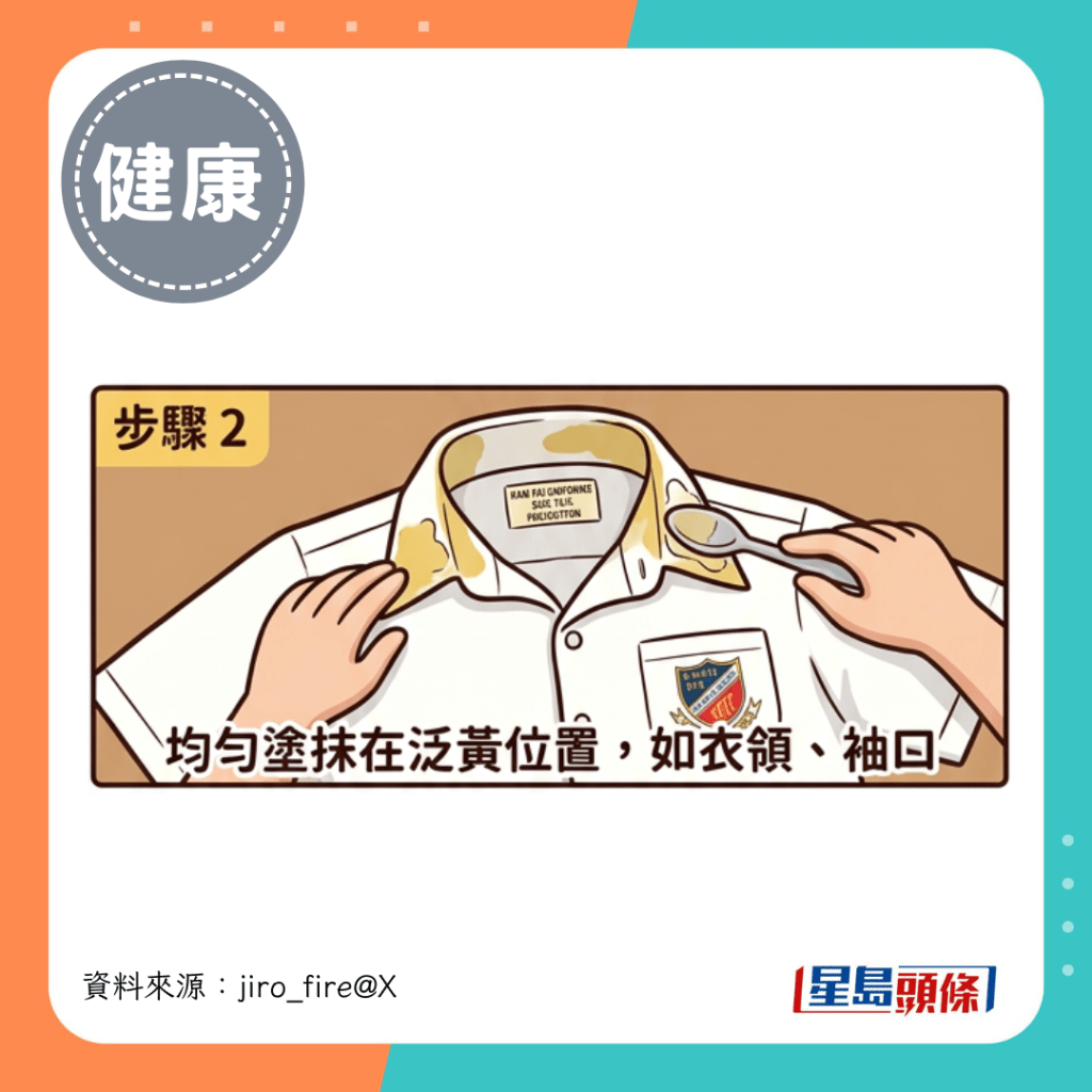 均匀涂抹在衬衫泛黄的位置，如衣领、袖口。
