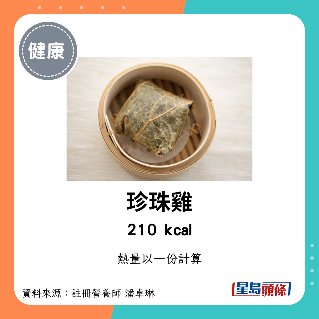 较高卡路里点心：珍珠鸡 210kcal/份