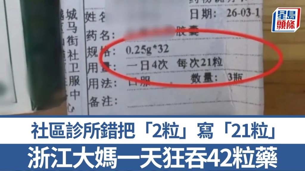 社區診所錯把「2粒」寫「21粒」。