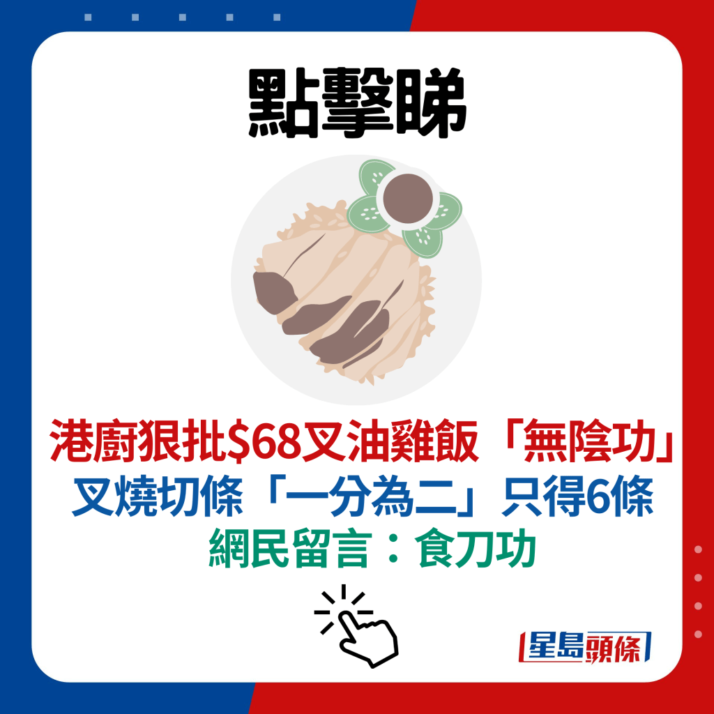 港厨狠批$68叉油鸡饭「无阴功」 叉烧切条「一分为二」只得6条 网民留言：食刀功