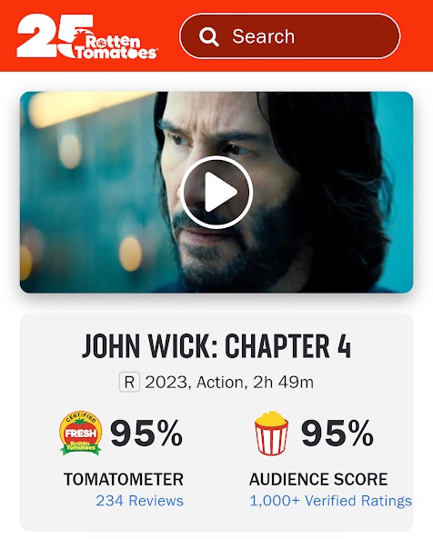 《殺神4》在爛番茄網站獲得新鮮度和爆谷指數同為95%。