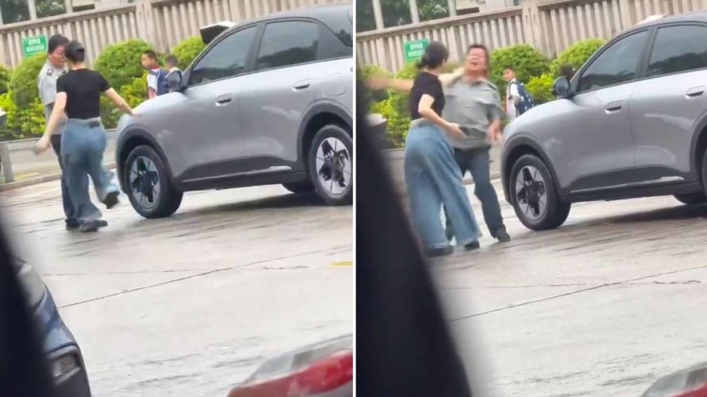 女司機又踢又摑男保安，被對方反手「兜巴星」還擊。抖音＠行則將至