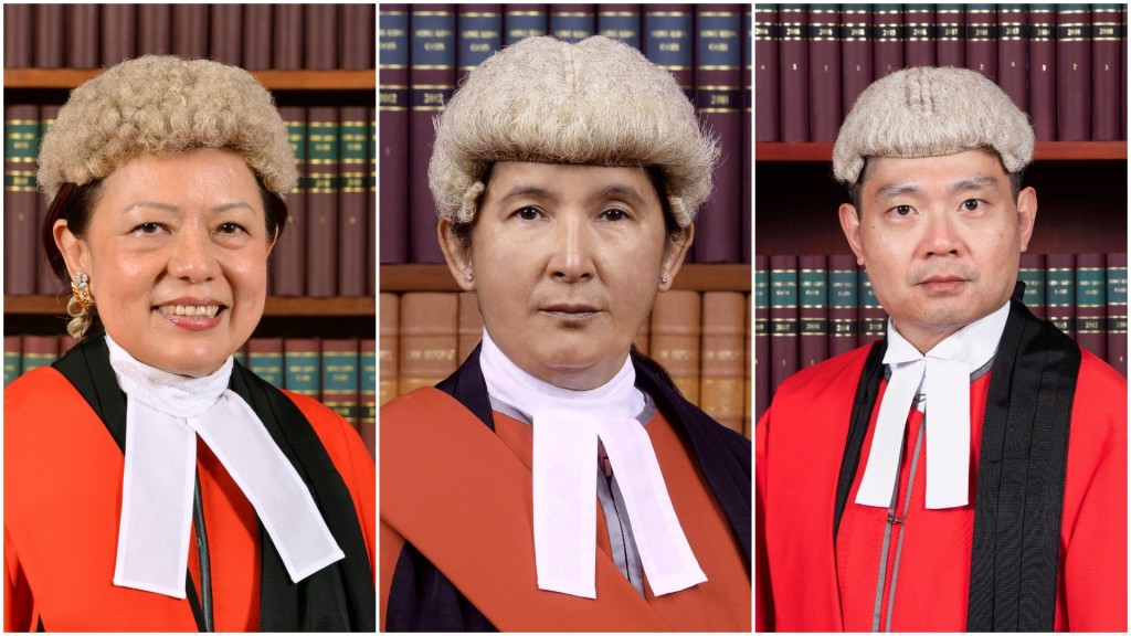 三位《香港国安法》指定法官左起杜丽冰、李素兰及李运腾裁定，控方检控并无逾时，法庭有权审理本案。资料图片
