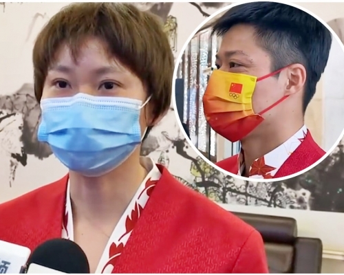 鍾天使和蘇炳添（小圖）出發來港前，在深圳接受內地傳媒訪問。網上片段截圖