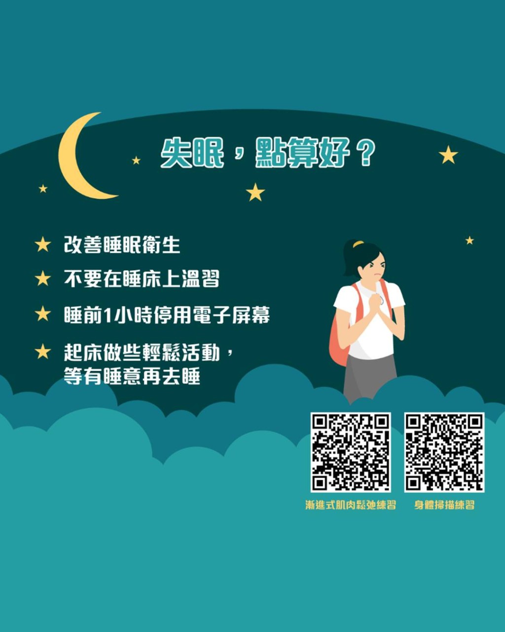 「陪我講」建議考生別在睡床溫習,如失眠可先做輕鬆運動,有睡意再入睡。 「陪我講」FB截圖 「陪我講」建議考生別在睡床溫習,如失眠可先做輕鬆運動,有睡意再入睡。 「陪我講」FB截圖