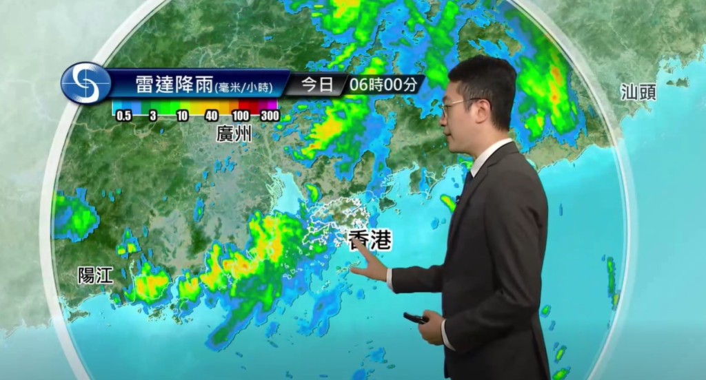 天文台6時的雷達圖像,仍見有雨區接近香港。 天文台6時的雷達圖像,仍見有雨區接近香港。