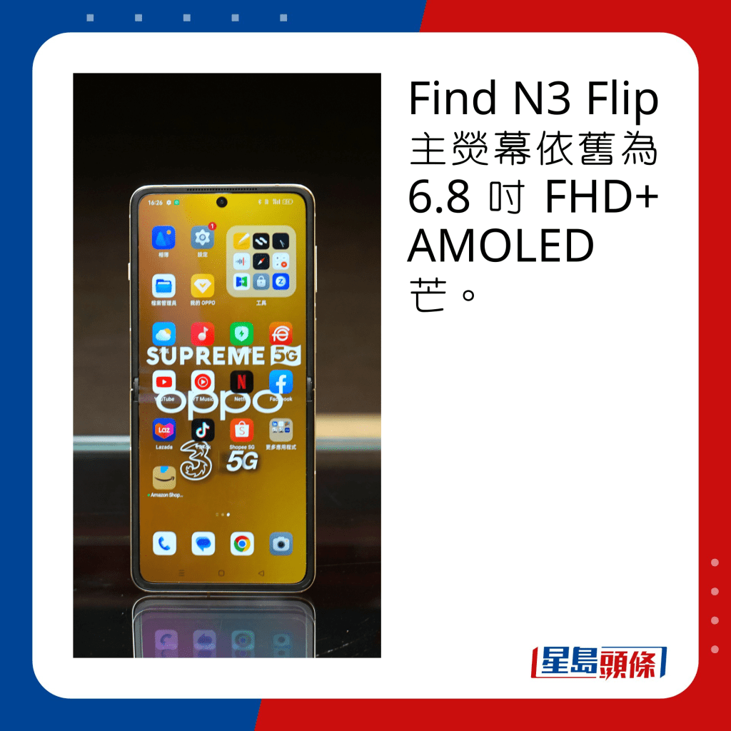 Find N3 Flip主荧幕依旧为6.8寸FHD+ AMOLED芒。