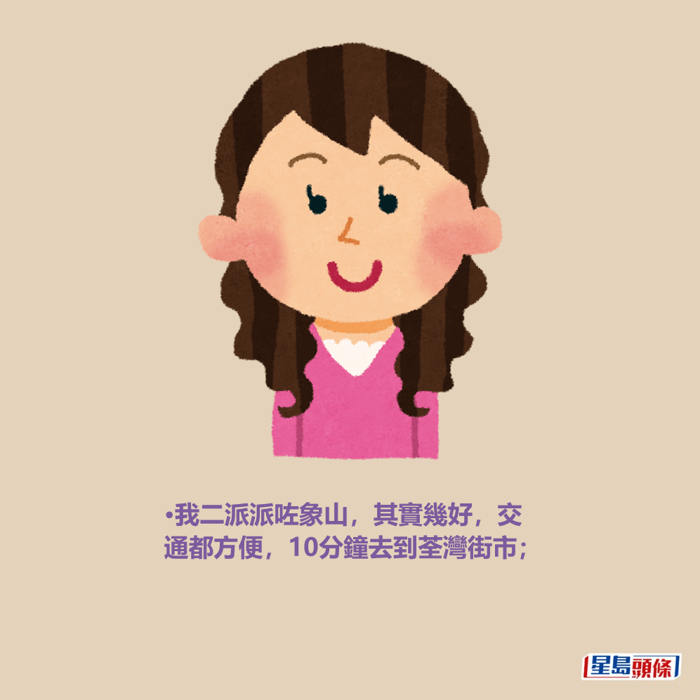 •我二派派咗象山,其實幾好,交 通都方便,10分鐘去到荃灣街市; •我二派派咗象山,其實幾好,交 通都方便,10分鐘去到荃灣街市;