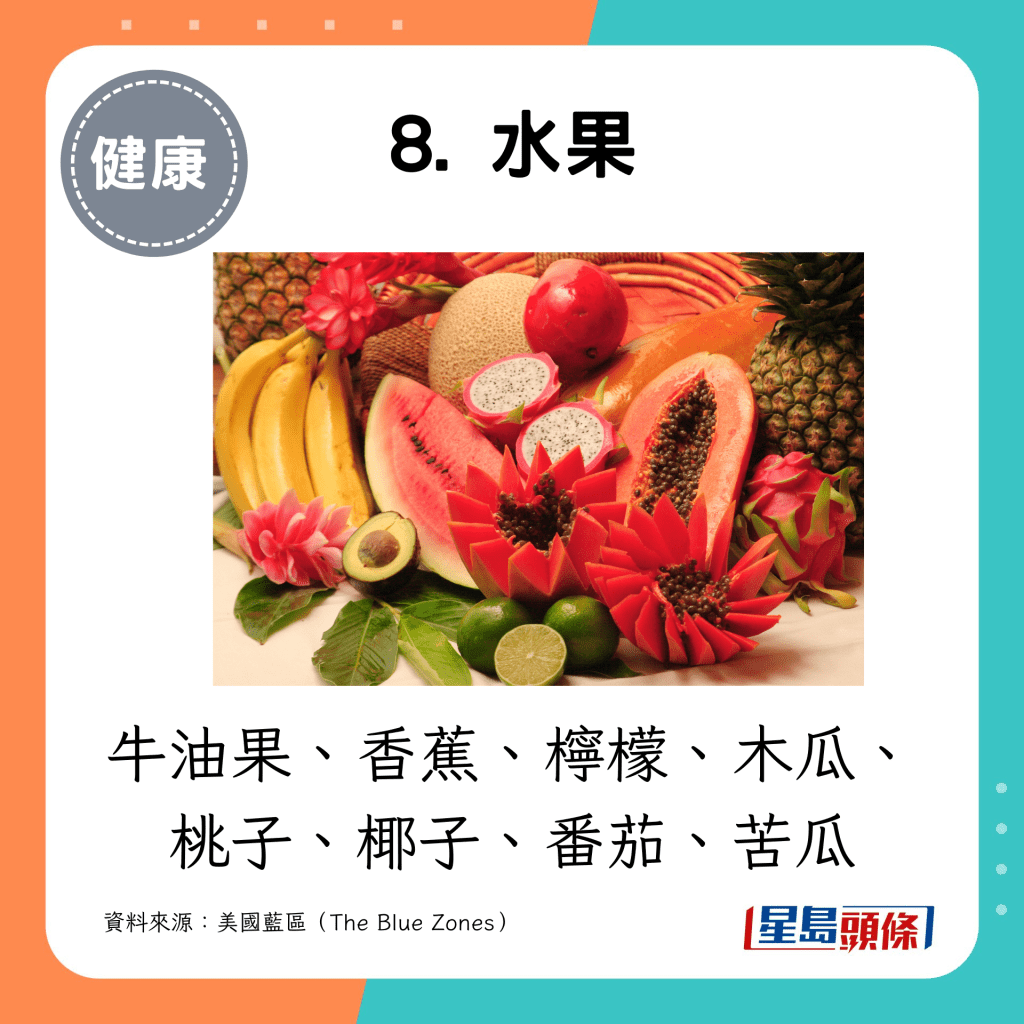 8. 水果： 牛油果、香蕉、檸檬、木瓜、桃子、椰子、番茄、苦瓜