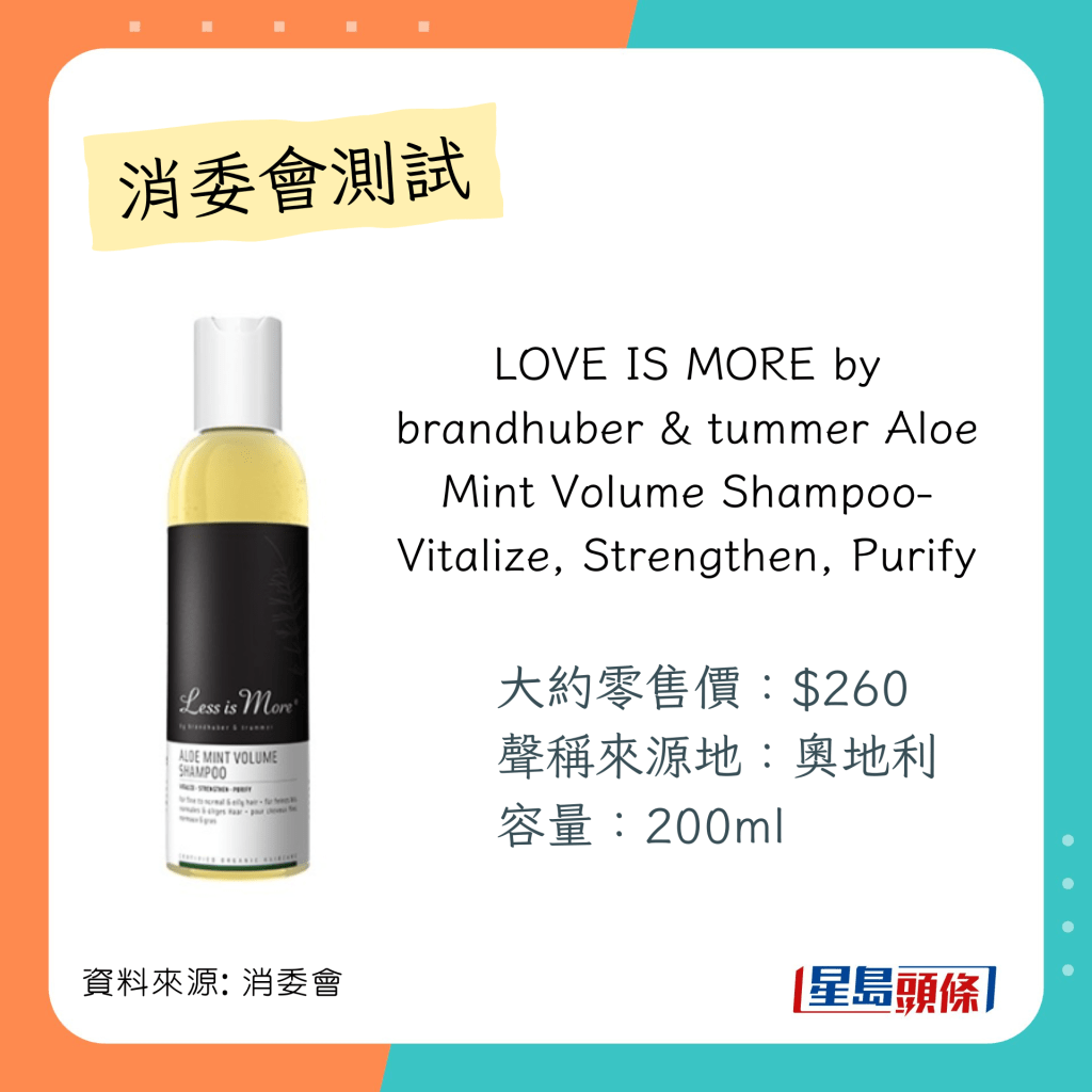 消委會洗頭水測試 推介名單 ：「LOVE IS MORE」by brandhuber & tummer Aloe Mint Volume Shampoo-Vitalize, Strengthen, Purify