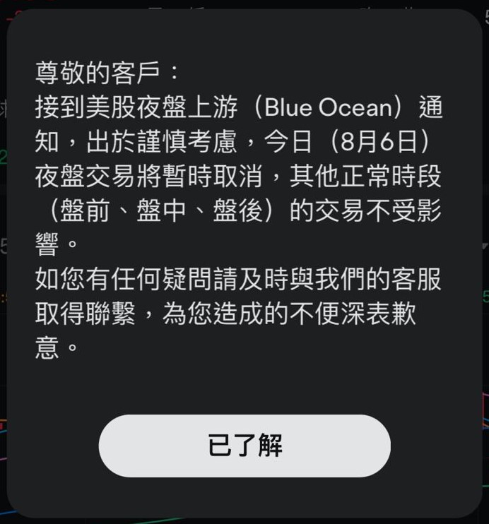 富途应用程式今早弹出告示，指今日(8月6日)夜盘暂时取消。