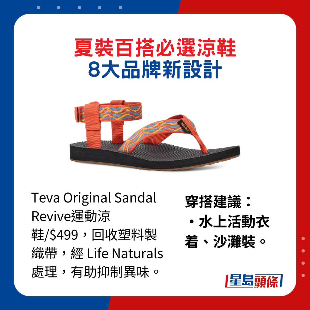 Teva Original Sandal Revive运动凉鞋/$499，回收塑料制织带，经Life Naturals处理，有助抑制异味。穿搭建议：水上活动衣着、沙滩装。