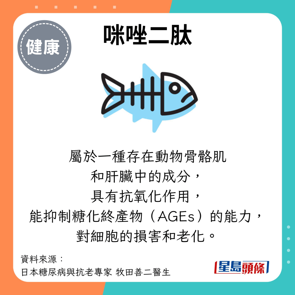 咪唑二肽：属于一种存在动物骨骼肌 和肝脏中的成分， 具有抗氧化作用， 能抑制糖化终产物（AGEs）的能力， 对细胞的损害和老化。