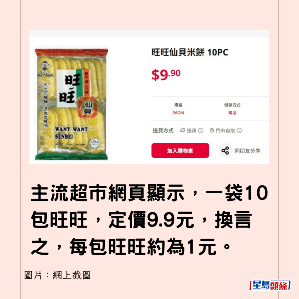 主流超市網頁顯示，一袋10包旺旺，定價9.9元，換言之，每包旺旺約為1元。