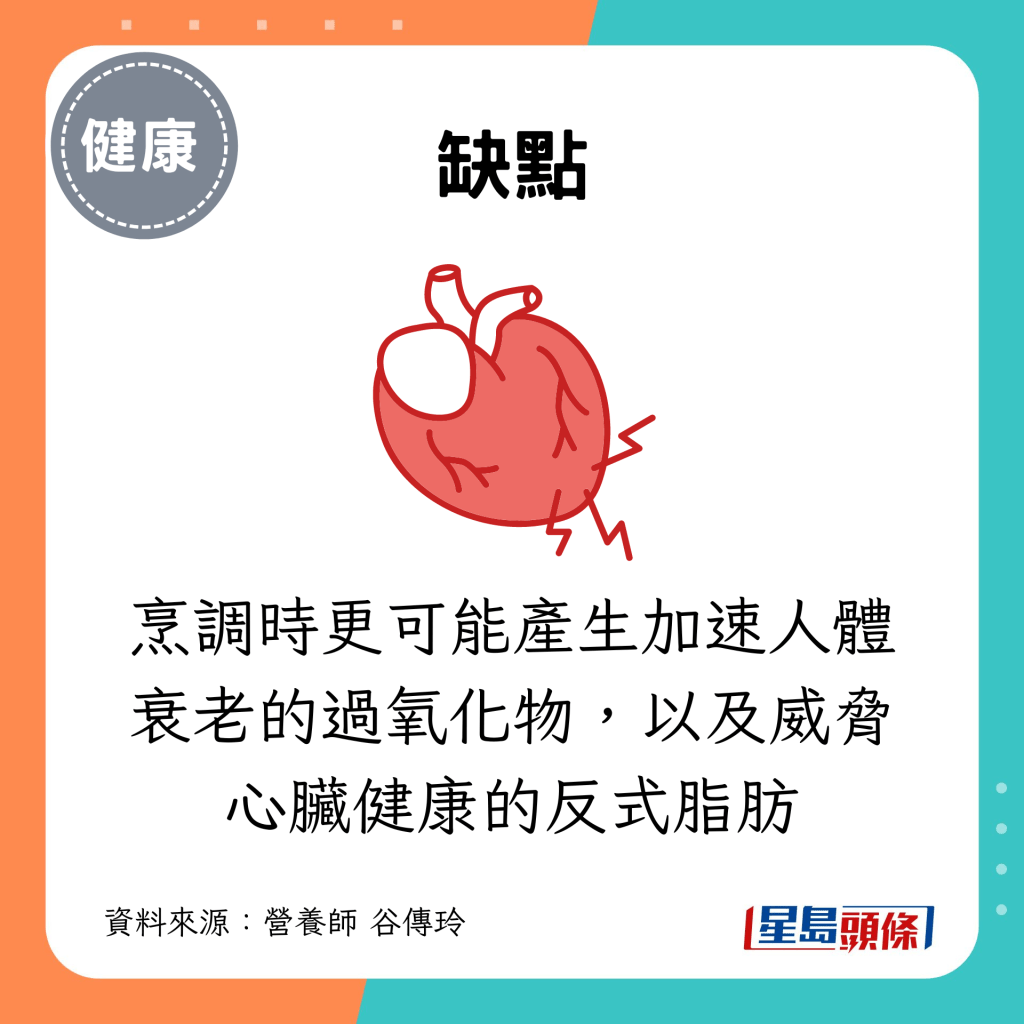 烹调时更可能产生加速人体衰老的过氧化物，以及威胁心脏健康的反式脂肪