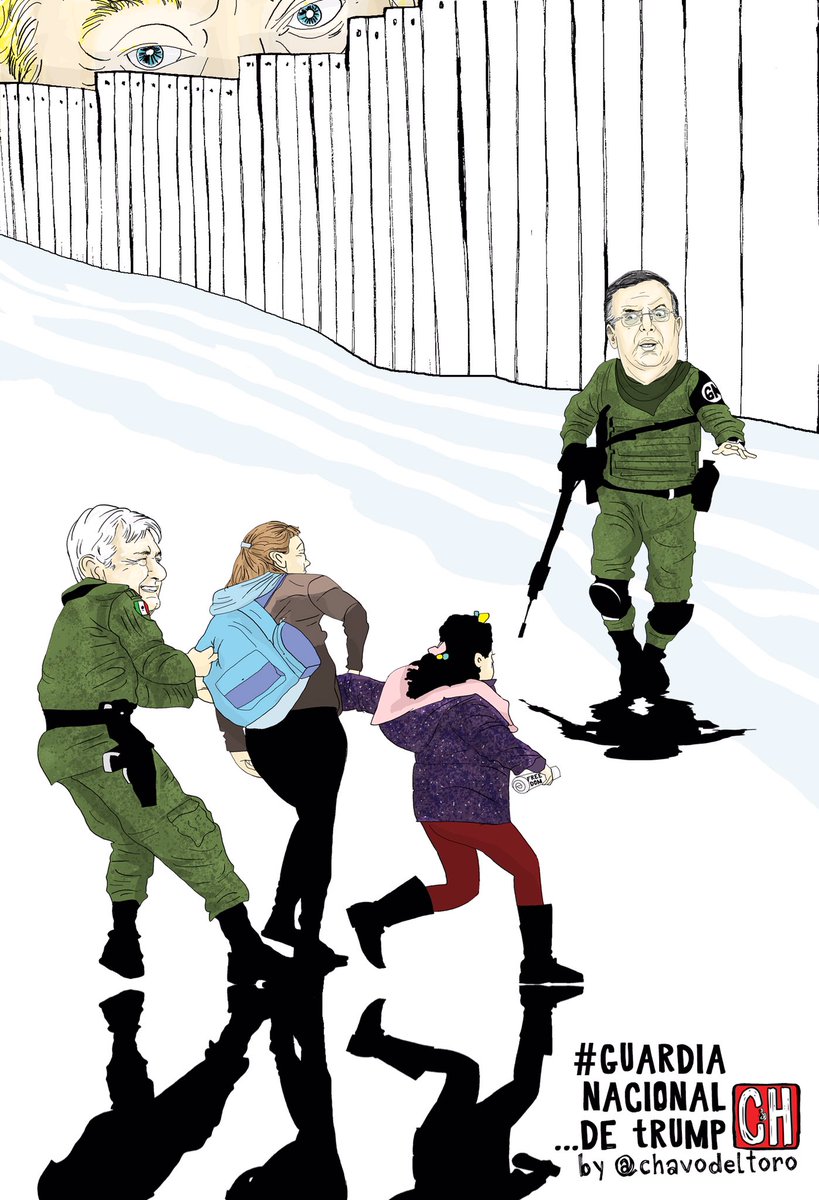 有漫畫家諷刺墨西哥總統洛佩斯(左)和外長埃布拉爾(右)是特朗普(後)的國民警衛軍。Twitter