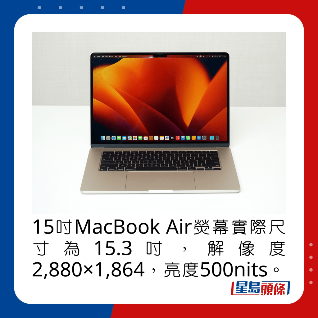 15寸MacBook Air荧幕实际尺寸为15.3寸，解像度2,880×1,864，亮度500nits。
