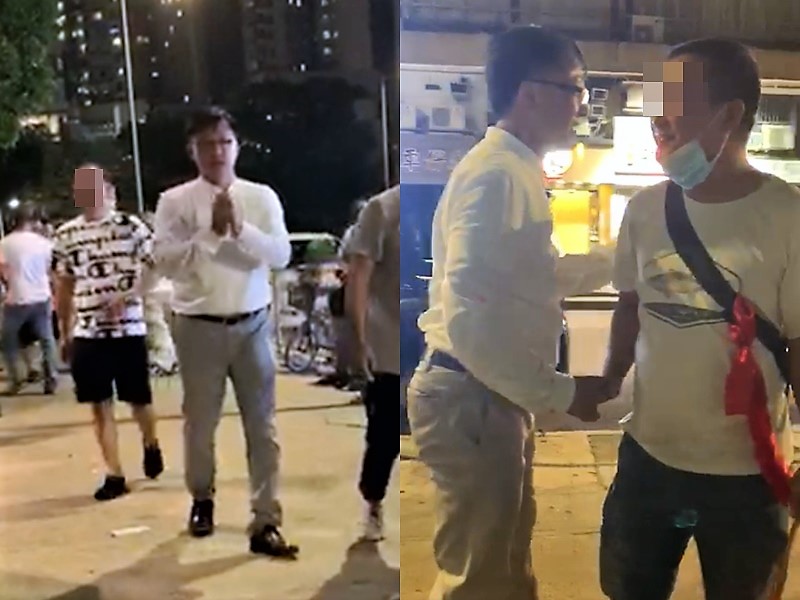 網上片段顯示何君堯與元朗白衣人打招呼和握手。影片截圖