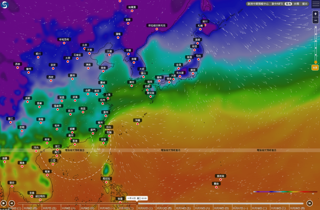風烏預計鳳凰移向台灣。天文台網頁截圖 風烏預計鳳凰移向台灣。天文台網頁截圖