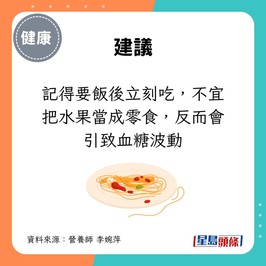 記得要飯後立刻吃，不宜把水果當成零食，反而會引致血糖波動