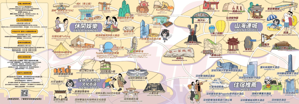 攻略小冊子配上手繪卡通地圖，羅列深圳的吃喝玩樂、購物、住宿景點。深圳巿口岸辦公室圖片