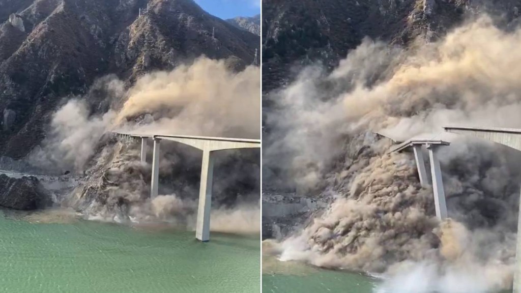 四川紅旗大橋啟用不足一年，受山泥傾瀉及人為失誤影響崩塌。