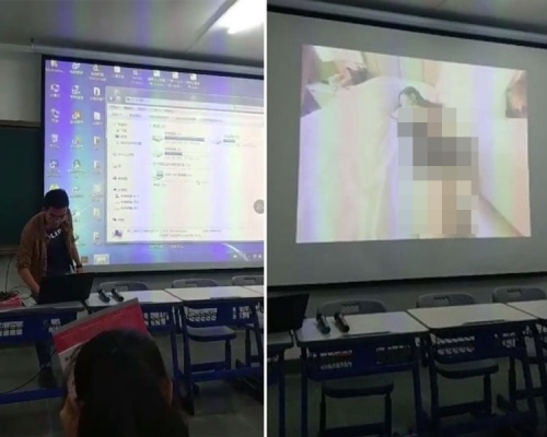 講師課堂上誤放性愛影片,男生起哄、女生害羞筆記簿遮臉。(網圖)