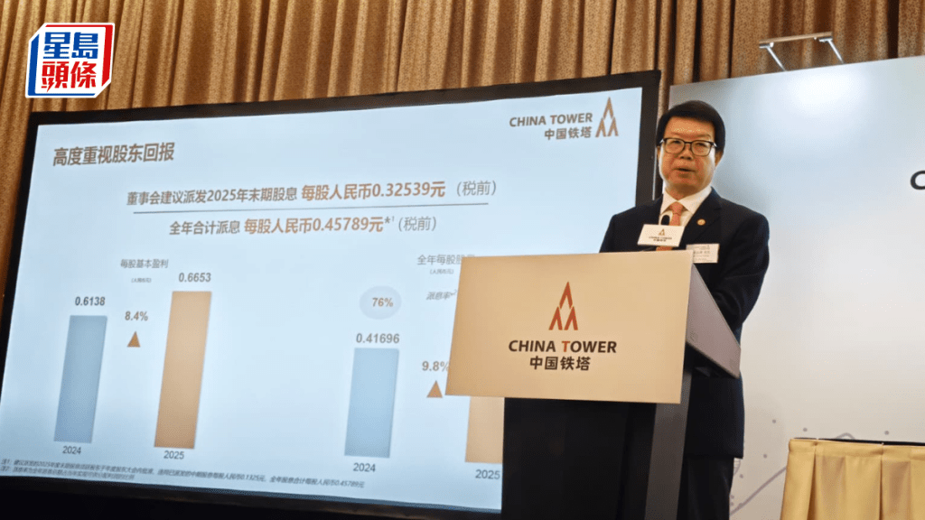 中国铁塔去年多赚8% 末期息增6% 董事长：维持积极分红政策