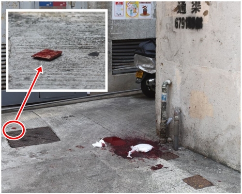 現場留下大片血跡。小圖是相信用作割頸自殺的的瓦片。