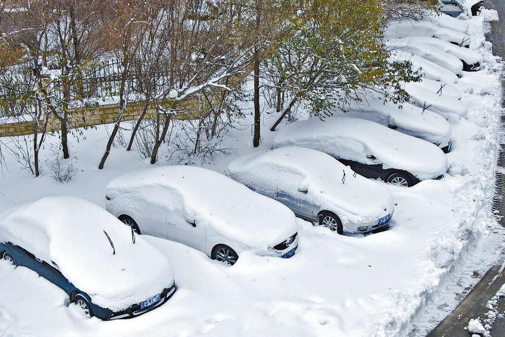 東北暴雪，瀋陽街上私家車被雪覆蓋。