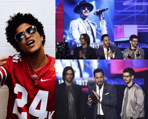 Bruno Mars贏開巷;LP在台上懷念Chester。(AP)