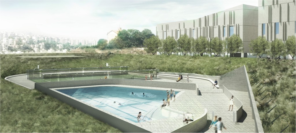 美国驻贝鲁特新大使馆建筑群设计图：休闲区附设大泳池。 US Embassy in Lebanon