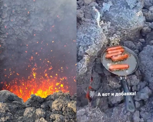 俄羅斯有行山者於火山上，透過熔岩的熱高溫煮香腸。（網圖）