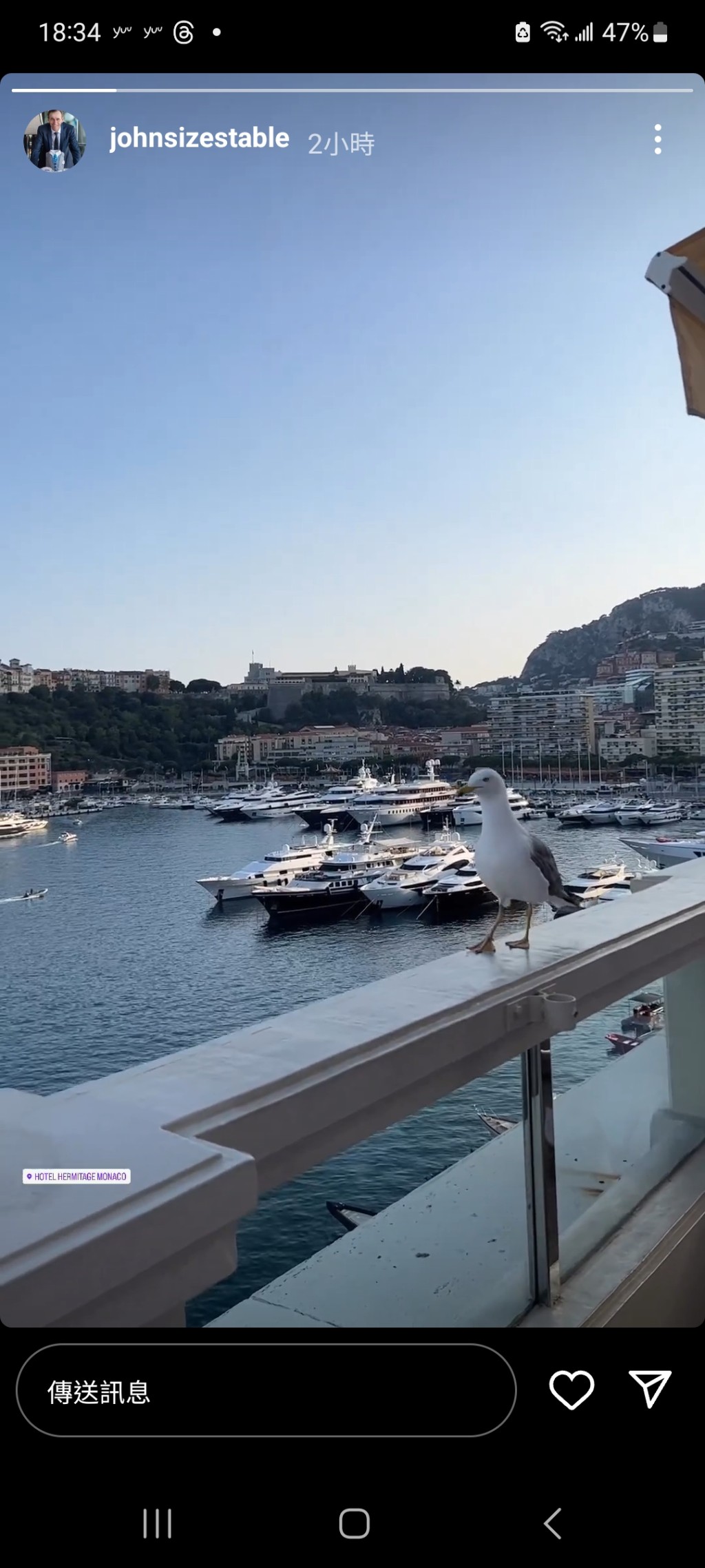 蔡约翰分享了在法国摩纳哥的短片，片中有一只海鸥悠闲地漫步栏边。