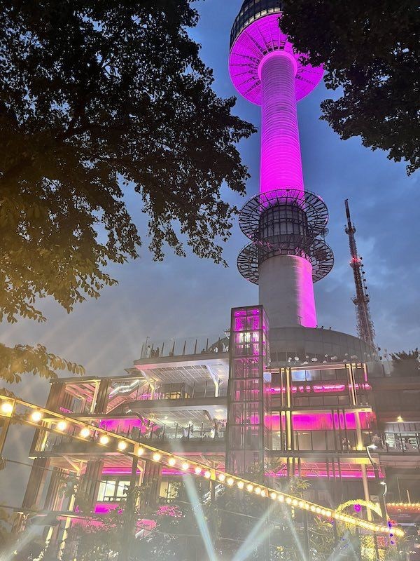 首爾南山塔整棟建築物都打上粉紅色燈光。