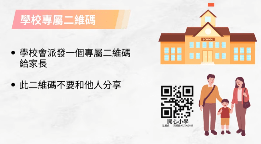 衞生署特別提醒家長，每間學校派發的二維碼只適用於就讀該校的學生，若多名子女就讀不同的學校，需分別掃描各子女就讀學校的專屬二維碼。（衞生署影片截圖）