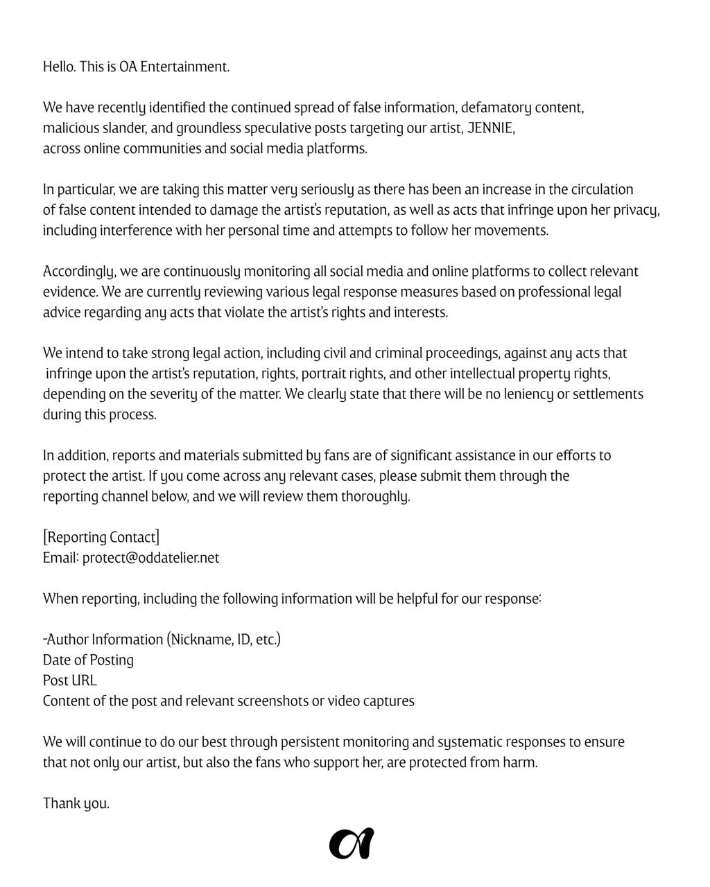 Jennie今日特別發聲明要求fans尊重其私隱。 Jennie今日特別發聲明要求fans尊重其私隱。